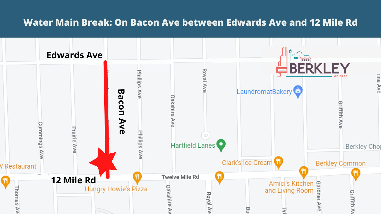 Water Main Break Maps on Bacon btwn Edwards and 12 Mile